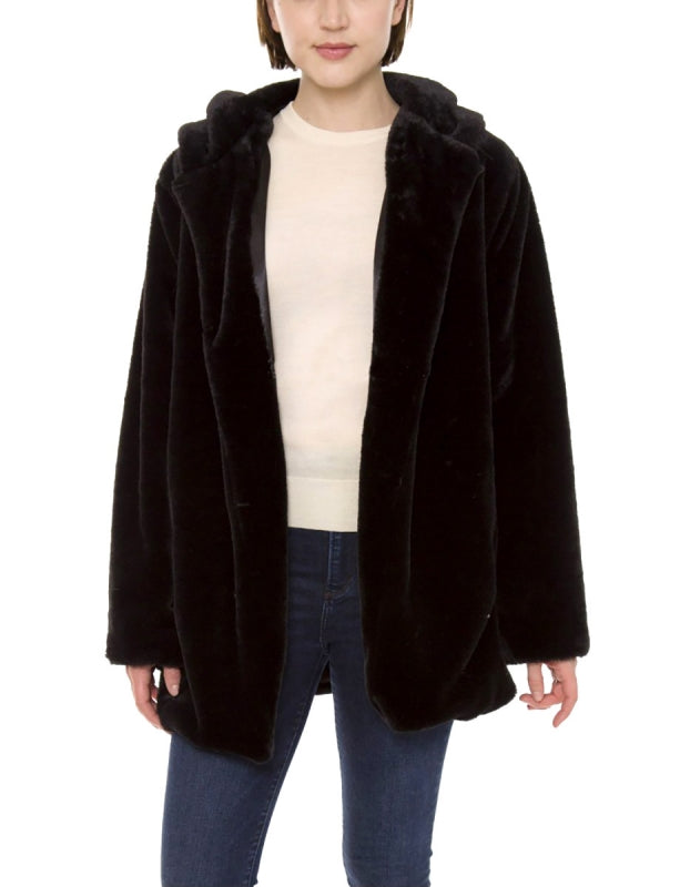 Black Faux Fur Jacket with Hood